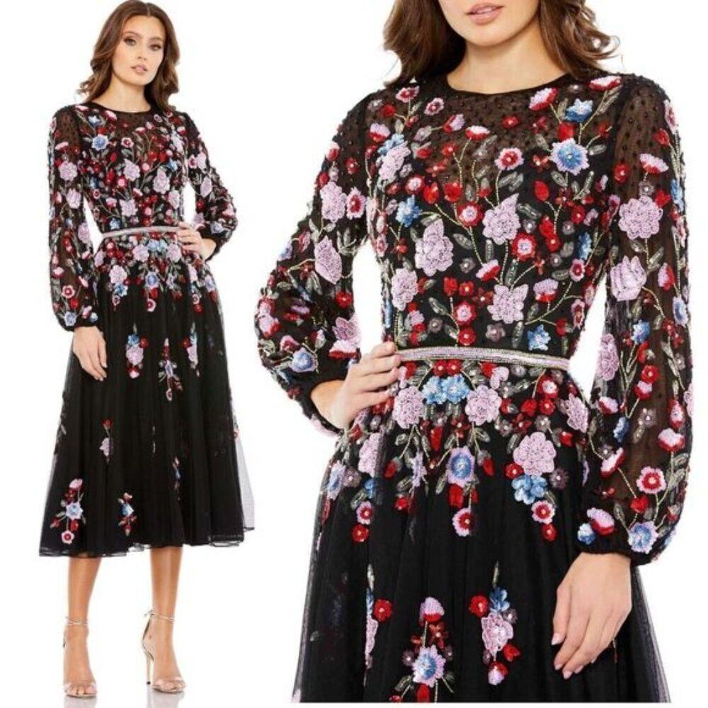 Mac Duggal 5712 Size 2 Black Pink Red Floral Long Sleeve A-Line Midi Party Dress